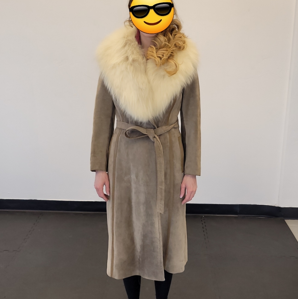 Vintage 70s Leather Spy Coat with fur trim